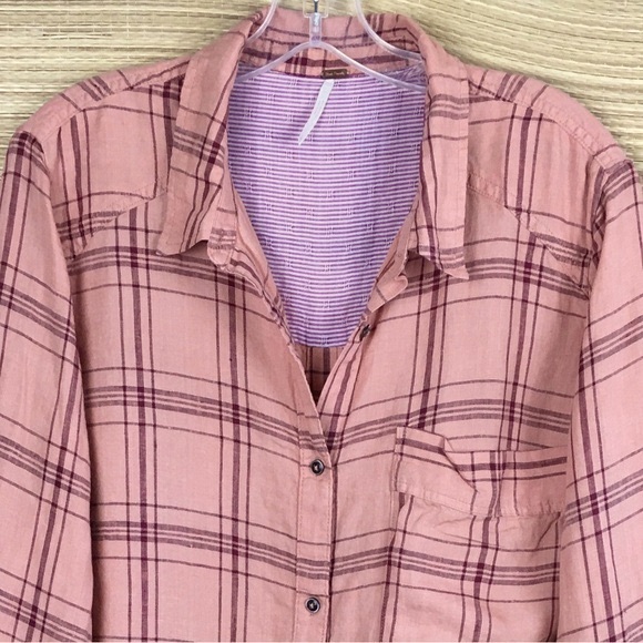 Free People Peach Linen No Limits Button Down Plaid Shirt Size L/G - Picture 6 of 11